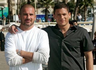 Australian actor Dominic Purcell, left, and American actor Wentworth Miller, right, pose in front of Carlton Hotel during a photocall for their TV Series