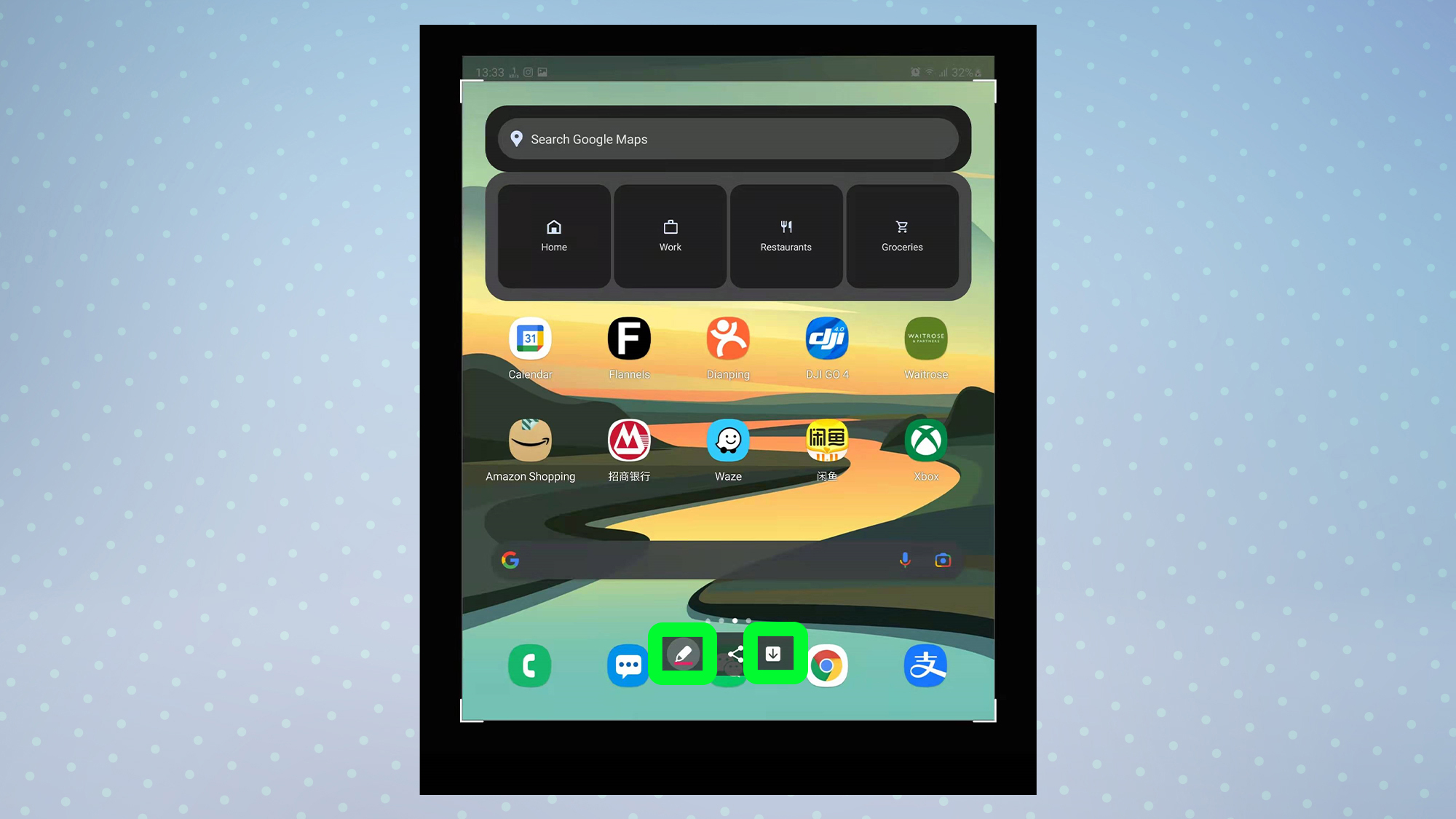 A screenshot from the Samsung Galaxy Z Fold 3 showing the tap pen and save buttons highlighted