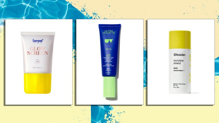 A selection of the best sunscreen for face is pictured from left to right, Supergoop, Ultraviolette, Glossier