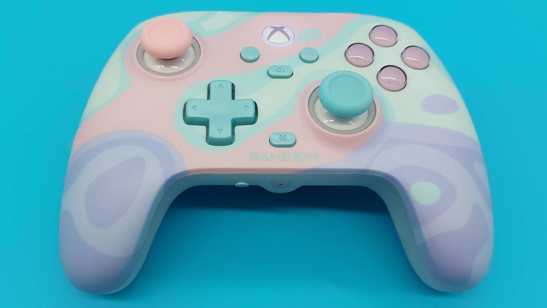 The GameSir T7 Pro Sugar Whirl Wireless Controller seen from various angles.