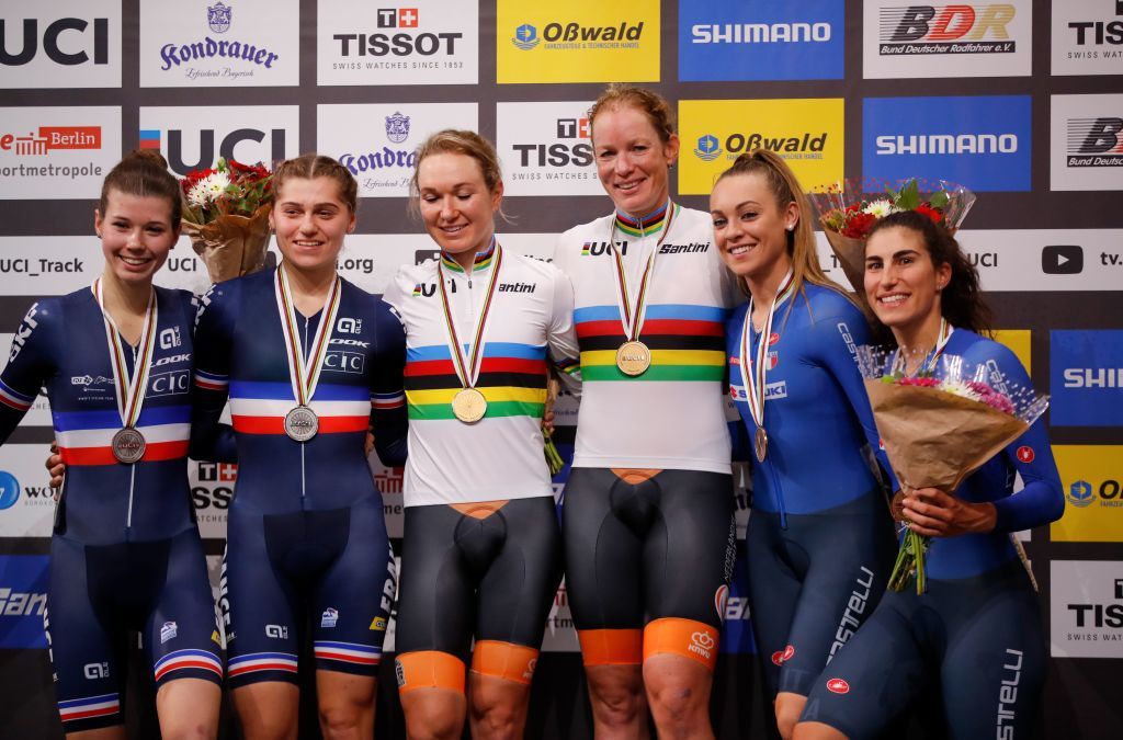 Silver medalist Frances Clara Copponi and Frances Marie Le Ne pose Netherlands Kirsten Wild and Netherlands Amy Pieters and Bronze medalists Italys Letizia Paternoster and Italys Elisa Balsamo pose on the podium after the womens 30km Madison final at the UCI track cycling World Championship at the velodrome in Berlin on February 29 2020 Photo by Odd ANDERSEN AFP Photo by ODD ANDERSENAFP via Getty Images