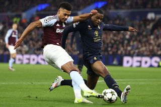 Pierre Kalulu fails defend a wide shot by Aston Villa's English striker #11 Ollie Watkins during the UEFA Champions League football match between Aston Villa and Juventus at Villa Park in Birmingham, central England, on November 27, 2024.