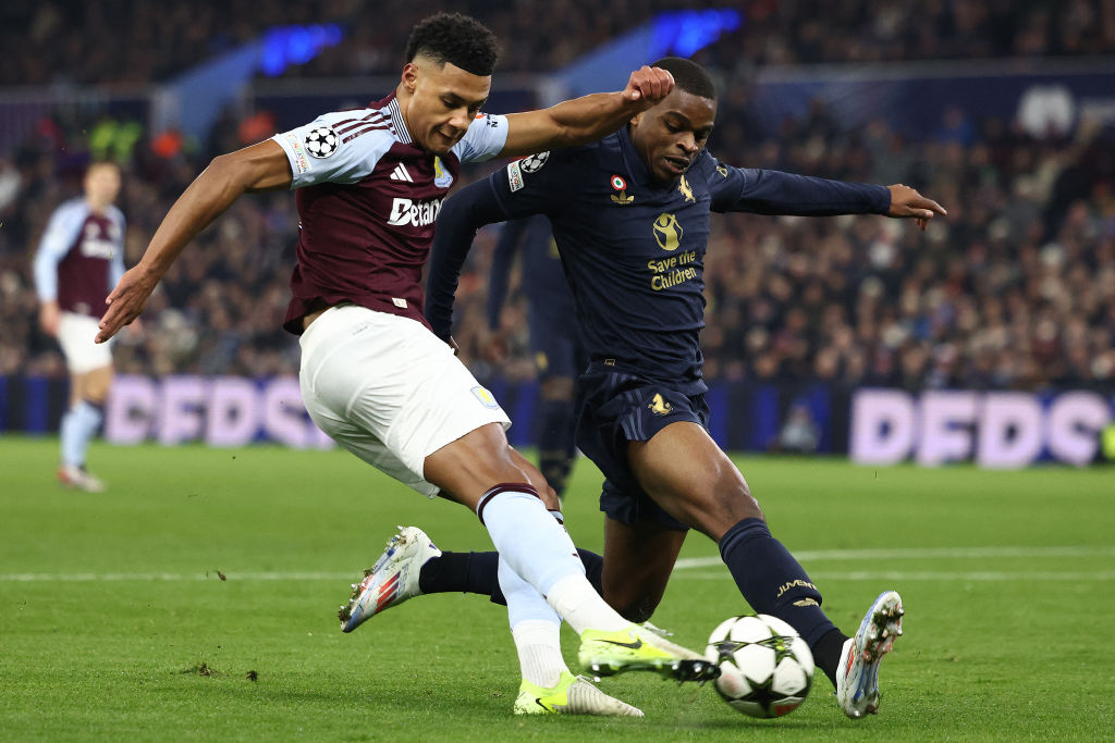 Ollie Watkins takes on Juventus' Pierre Kalulu in the Champions League