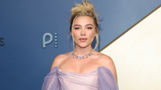 Florence Pugh in the Vivienne Westwood purple off shoulder gown and short necklace she wore to Emmys 2026.