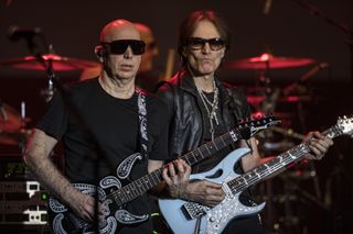 Joe Satriani (left) and Steve Vai perform onstage at The Magnolia in El Cajon, California on February 7, 2024