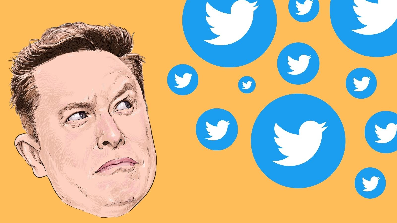 An illustration of Elon Musk drawn by thongyhod, puzzled by the fall of Twitter logos