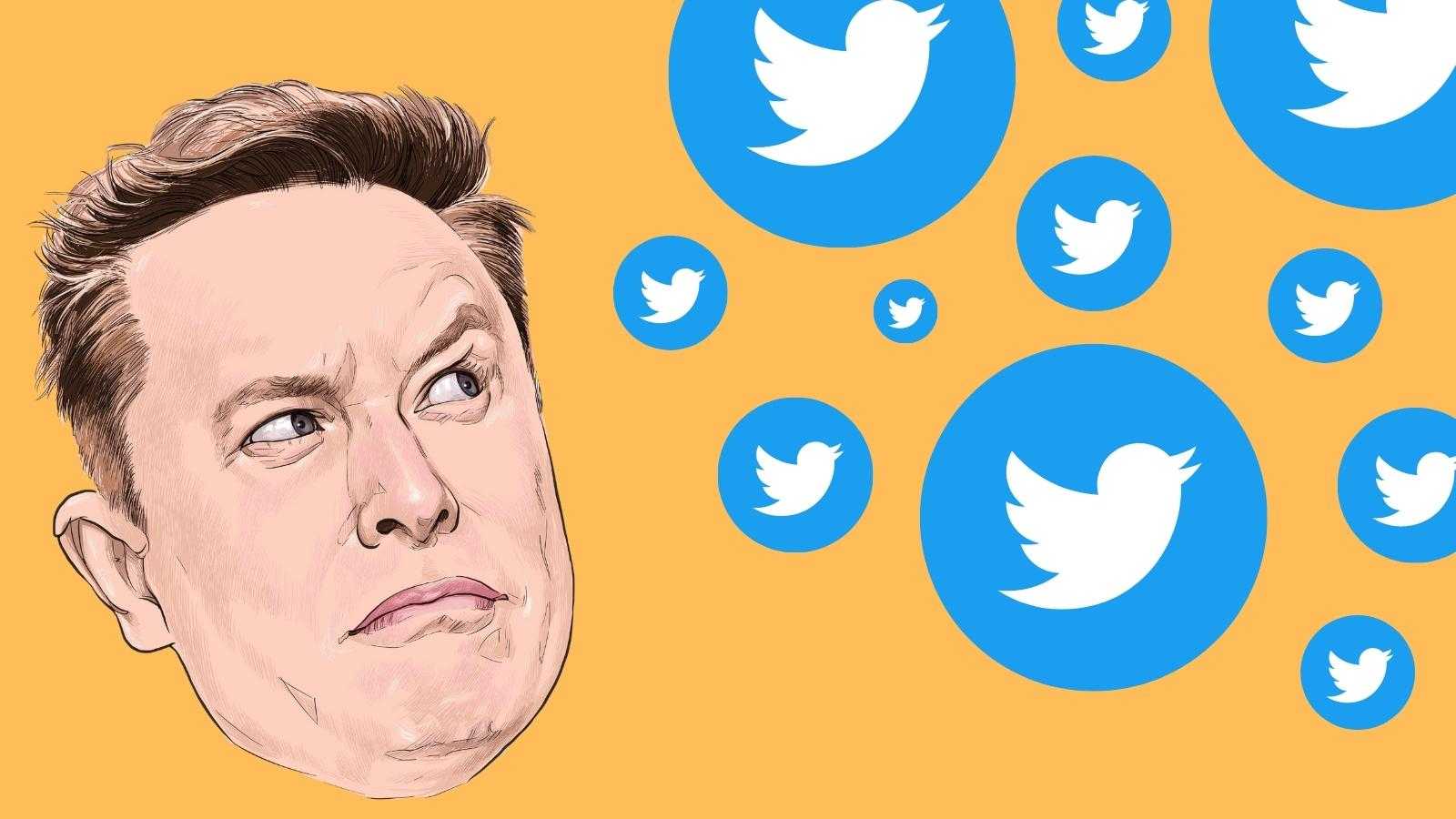 An illustration of Elon Musk drawn by thongyhod looking perplexed at falling Twitter logos