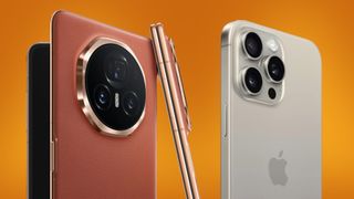 The Honor Magic V3 and iPhone 15 Pro Max on an orange background