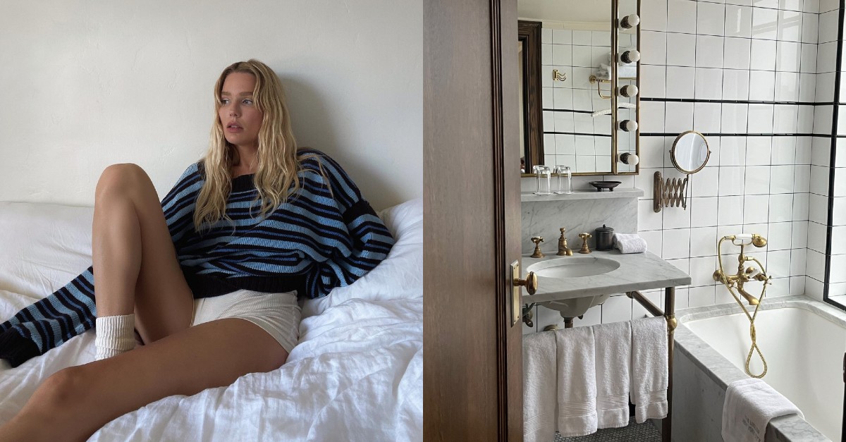 Photo collage of legs and a clean bathroom 