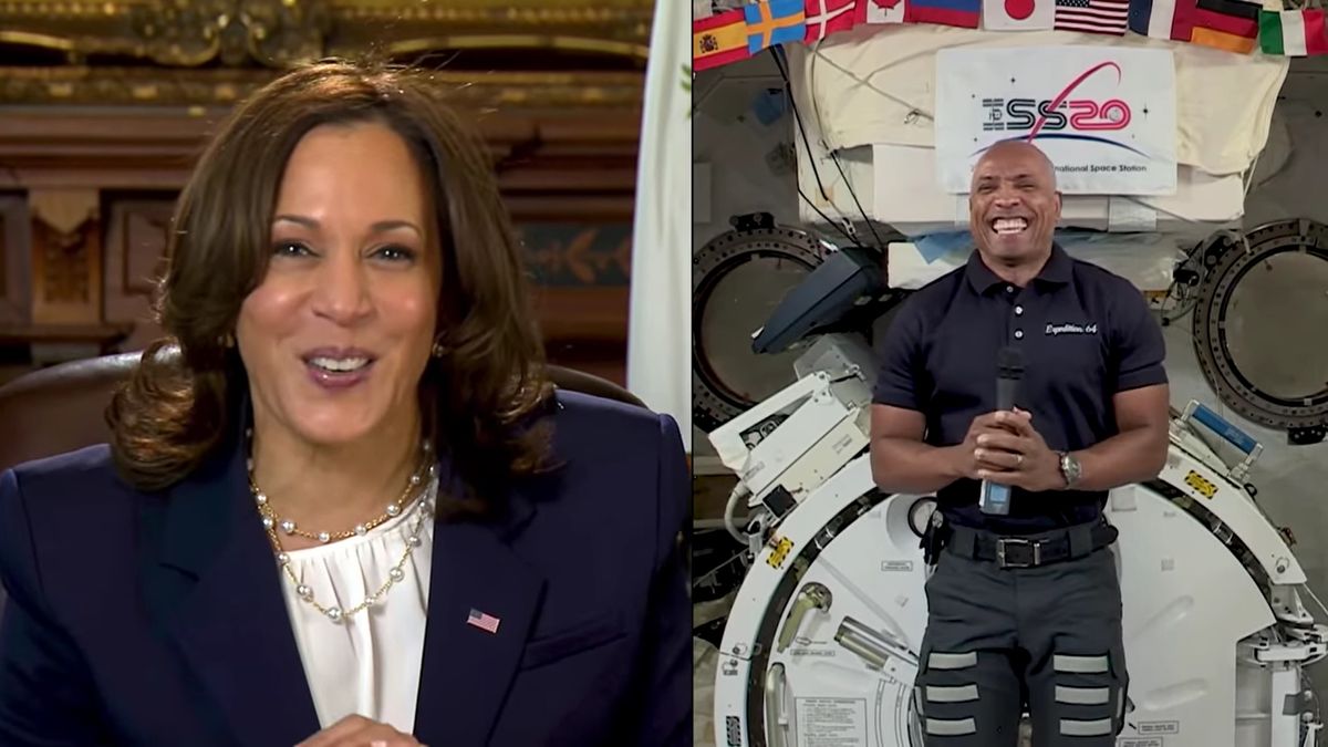 U.S. Vice President Kamala Harris speaks with NASA astronaut Victor Glover to celebrate his mission to the International Space Station in a February 2021 video call. 