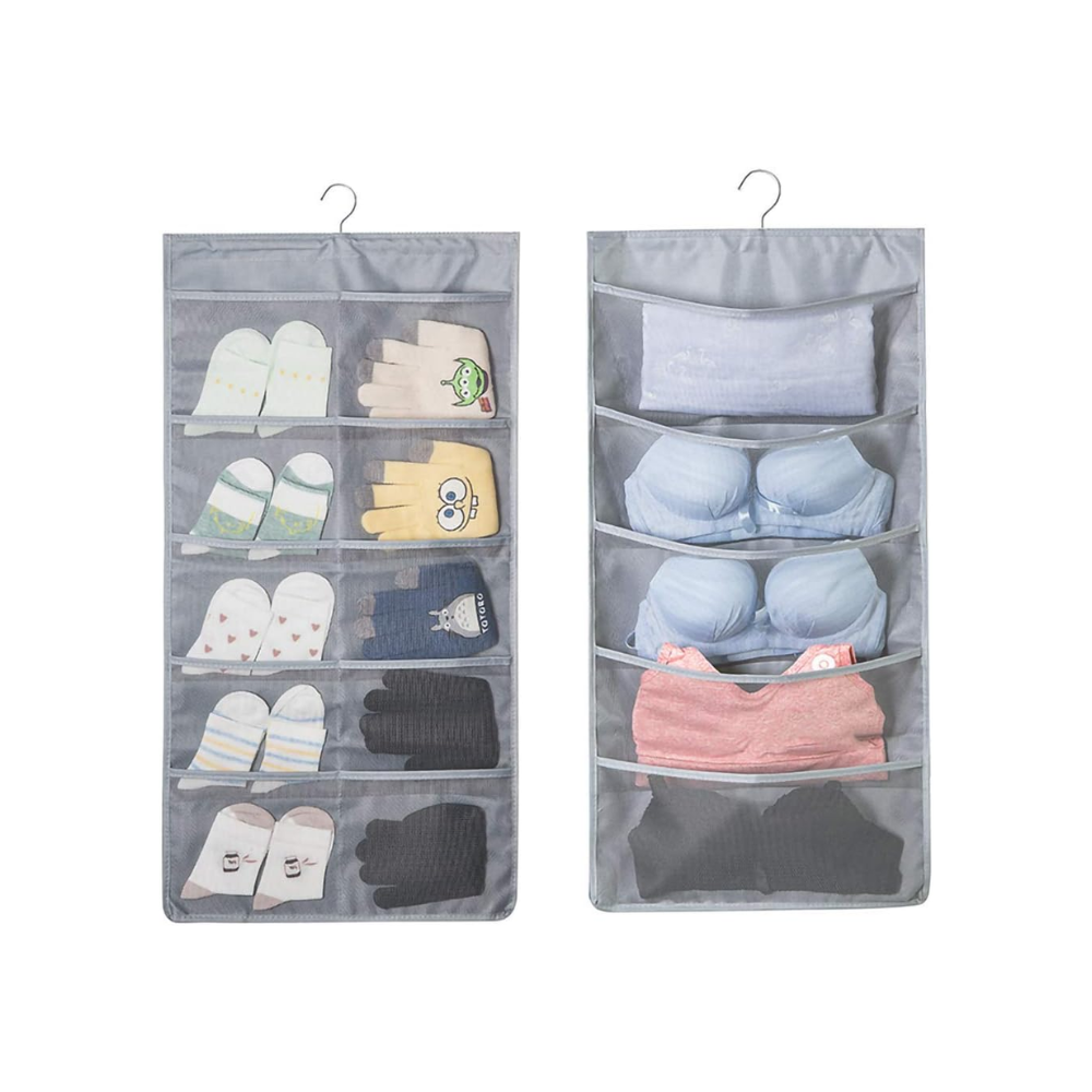 Hanging wardrobe organiser filled with socks and bras