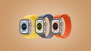 Three Apple Watch Ultra models on a cream background