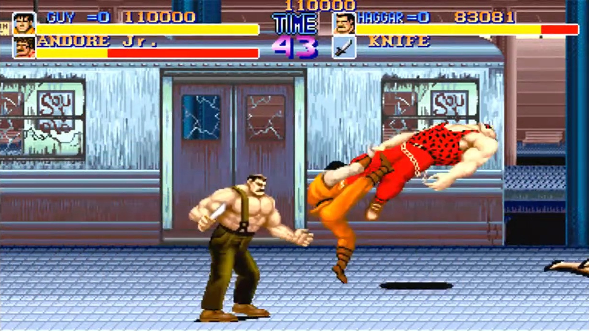 Game picture of Guy and Haggar beating the bad guys in Final Fight.