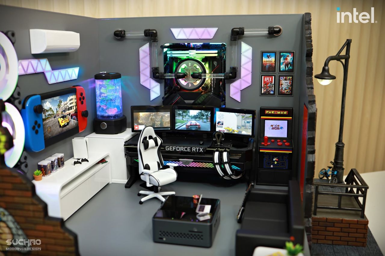 A gaming PC build that looks like a tiny gaming den.