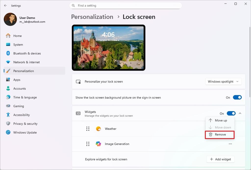 Lock Screen settings hide widget