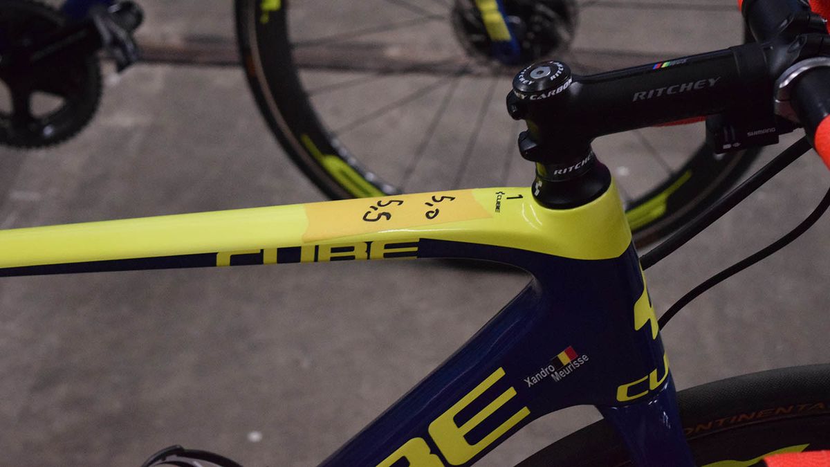 Tyre pressures are marked on tape ahead of the races to combat the cobbles