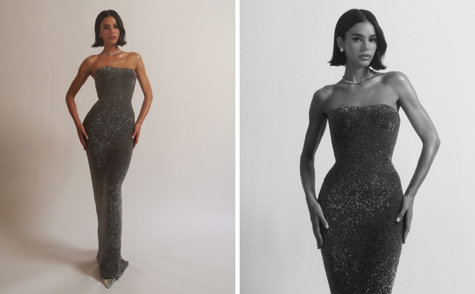 Bruna Marquezine photographed by Dennis Leupold for Who What Wear getting ready for the 2026 Academy Awards. Final portraits of Marquezine in her custom Gucci silver gown with Wempe jewelry.