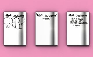 Slides from Virgil Abloh's presentation. Three pages with quotes on them photographed on a pink background.