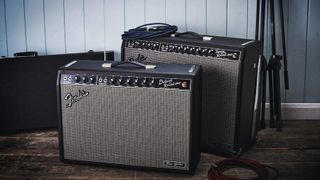 Fender Tonemaster Deluxe and Twin Reverb in a room with wooden floor and blue walls 
