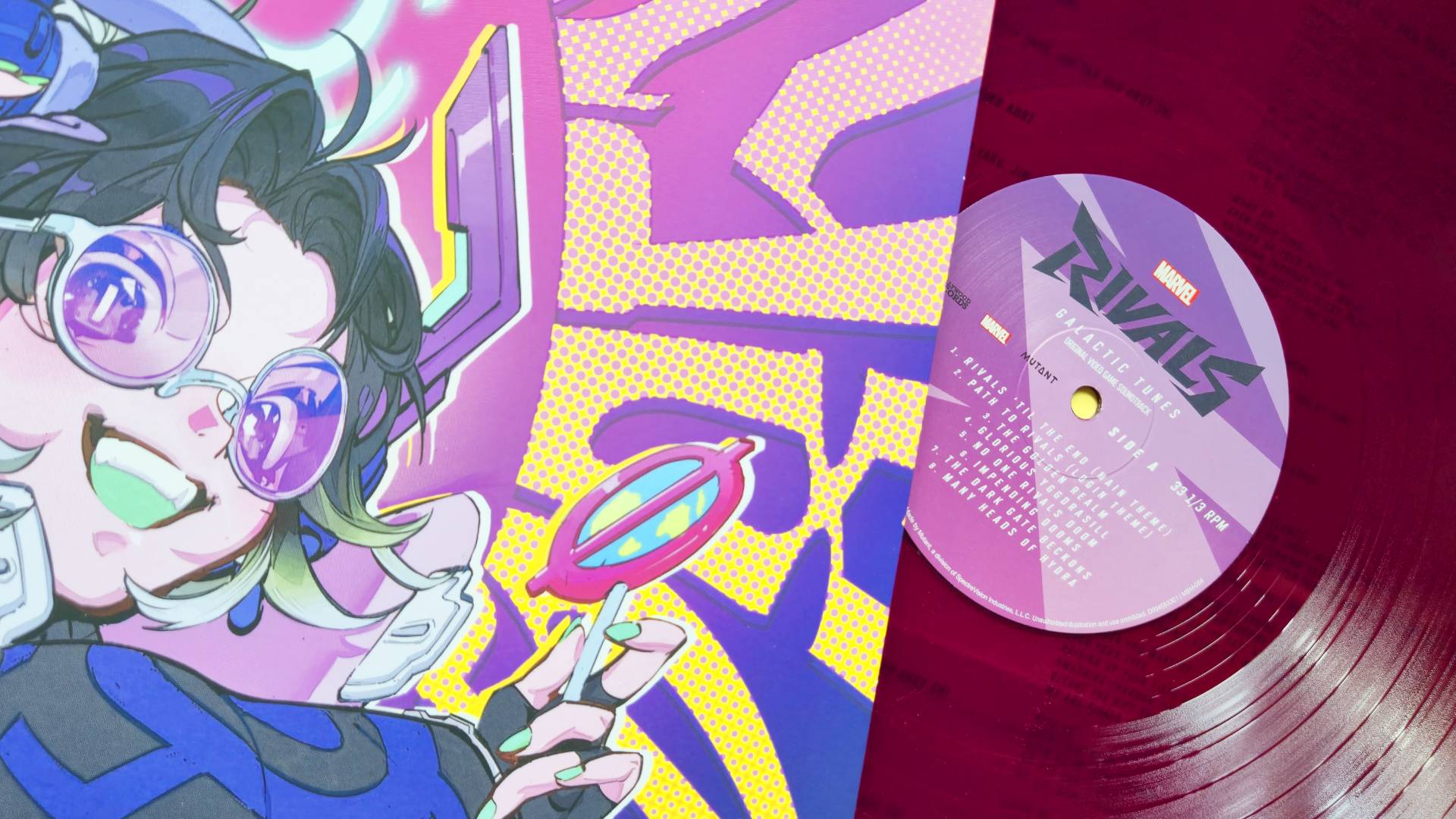 Photos by Rosalie Newcombe of the Marvel Rivals Galactic Tunes vinyl.