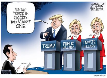 Political cartoon U.S. 2016 election Donald Trump Hillary Clinton rigged final debate