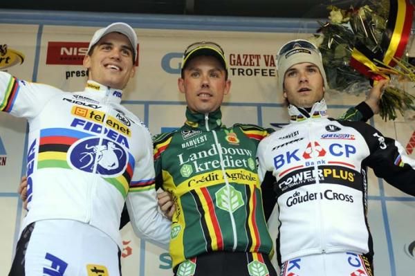 The GvA Trophy podium (l-r): Zdenek Stybar (Telenet - Fidea), 2nd; Sven Nys (Landbouwkrediet), 1st; Niels Albert (BKCP - Powerplus), 3rd.