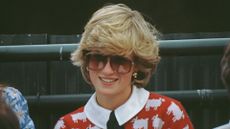 Diana, Princess of Wales (1961 - 1997) attends a polo match at Smith's Lawn, Guards Polo Club, Windsor, June 1983. She is wearing a Muir and Osborne 'black sheep' sweater. 