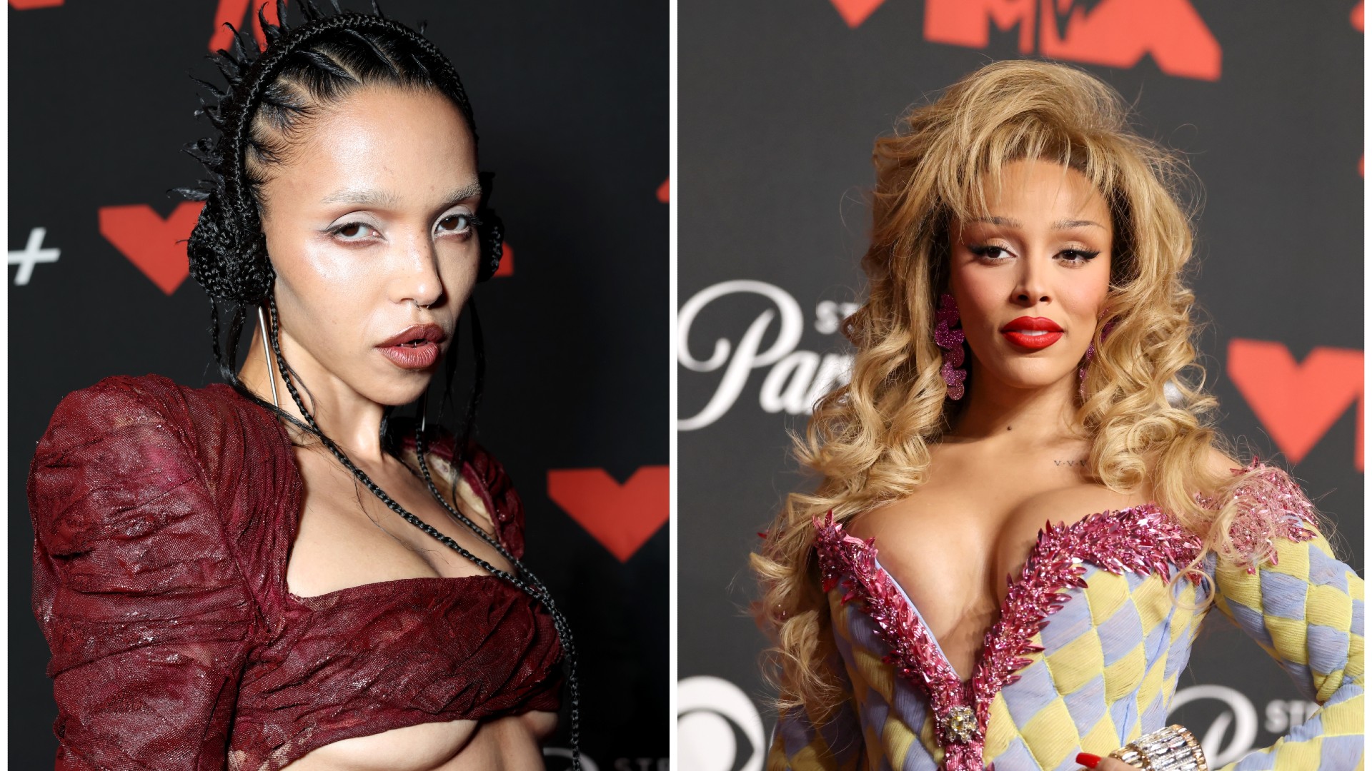 side by side photo of two women wearing intricate hairstyles