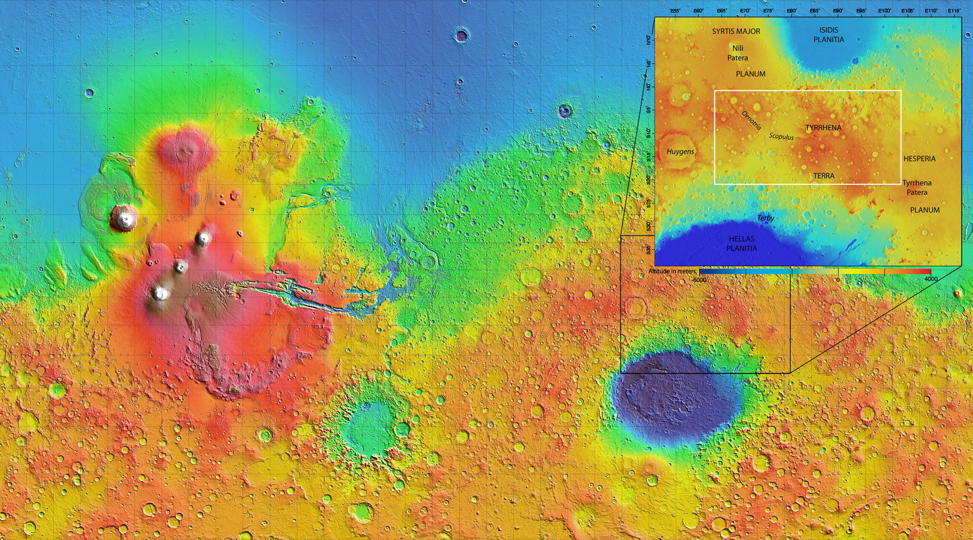 The 621-mile by 1,240-mile (1,000 by 2,000-kilometer) region of Tyrrhena Terra (outlined by the white box in the inset) sits between two regions of low altitude in Mars' southern hemisphere, as shown in this global topography map. Hydrated minerals were found in 175 locations associated with impact craters in Tyrrhena Terra.