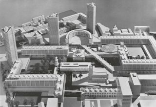 The model of the scheme, including a diagonal road across the site, and the proposed use of the circular Coal Exchange. Both were later taken out of the plans. Credit: Barbican Archive 