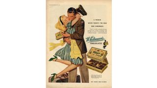 Poster featuring man embracing woman and bars of chocolate