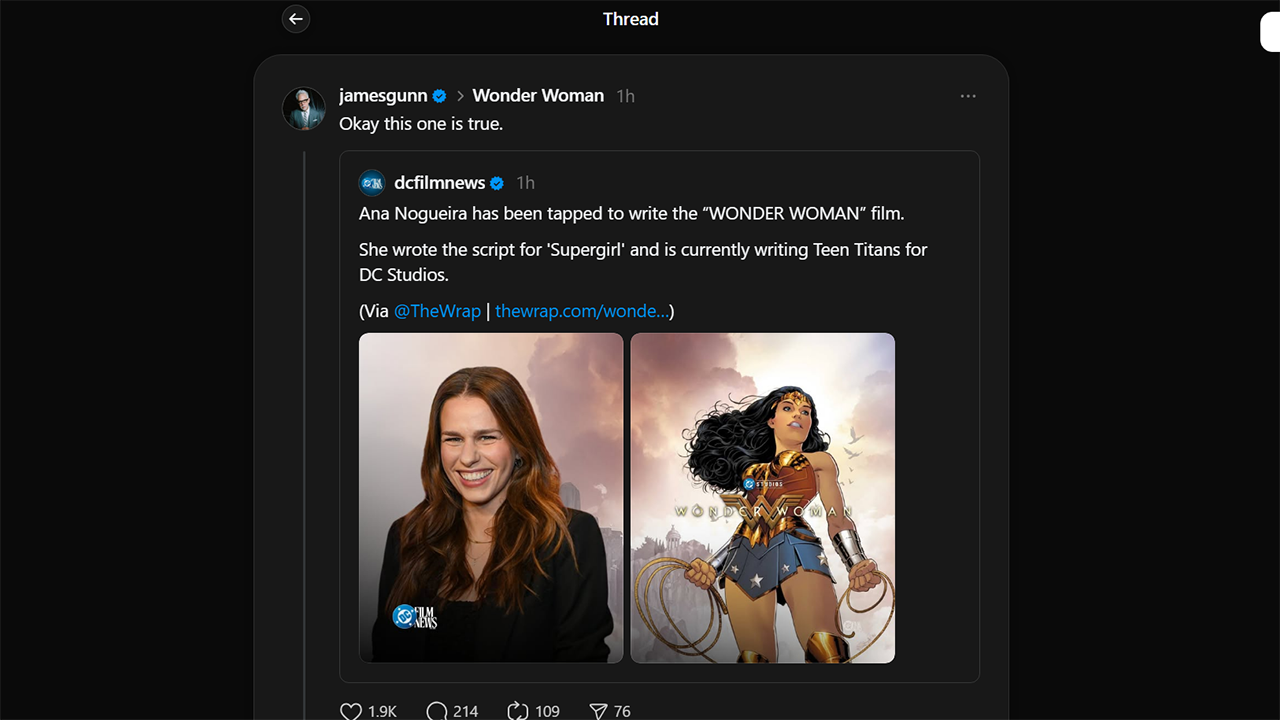 A screenshot of James Gunn posting on Threads to confirm the news about the writer of the DCU's Wonder Woman movie