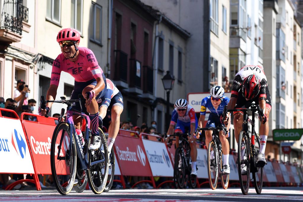 MONFORTE DE LEMOS SPAIN SEPTEMBER 03 Magnus Cort Nielsen of Denmark and Team EF Education Nippo celebrates winning ahead of Quinn Simmons of United States and Team Trek Segafredo Rui Oliveira of Portugal and UAE Team Emirates and Andrea Bagioli of Italy and Team Deceuninck QuickStep during the 76th Tour of Spain 2021 Stage 19 a 1912 km stage from Tapia to Monforte de Lemos lavuelta LaVuelta21 on September 03 2021 in Monforte de Lemos Spain Photo by Stuart FranklinGetty Images