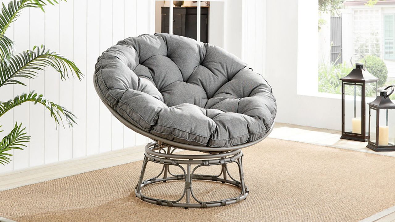 Grey rattan cushioned moon chair