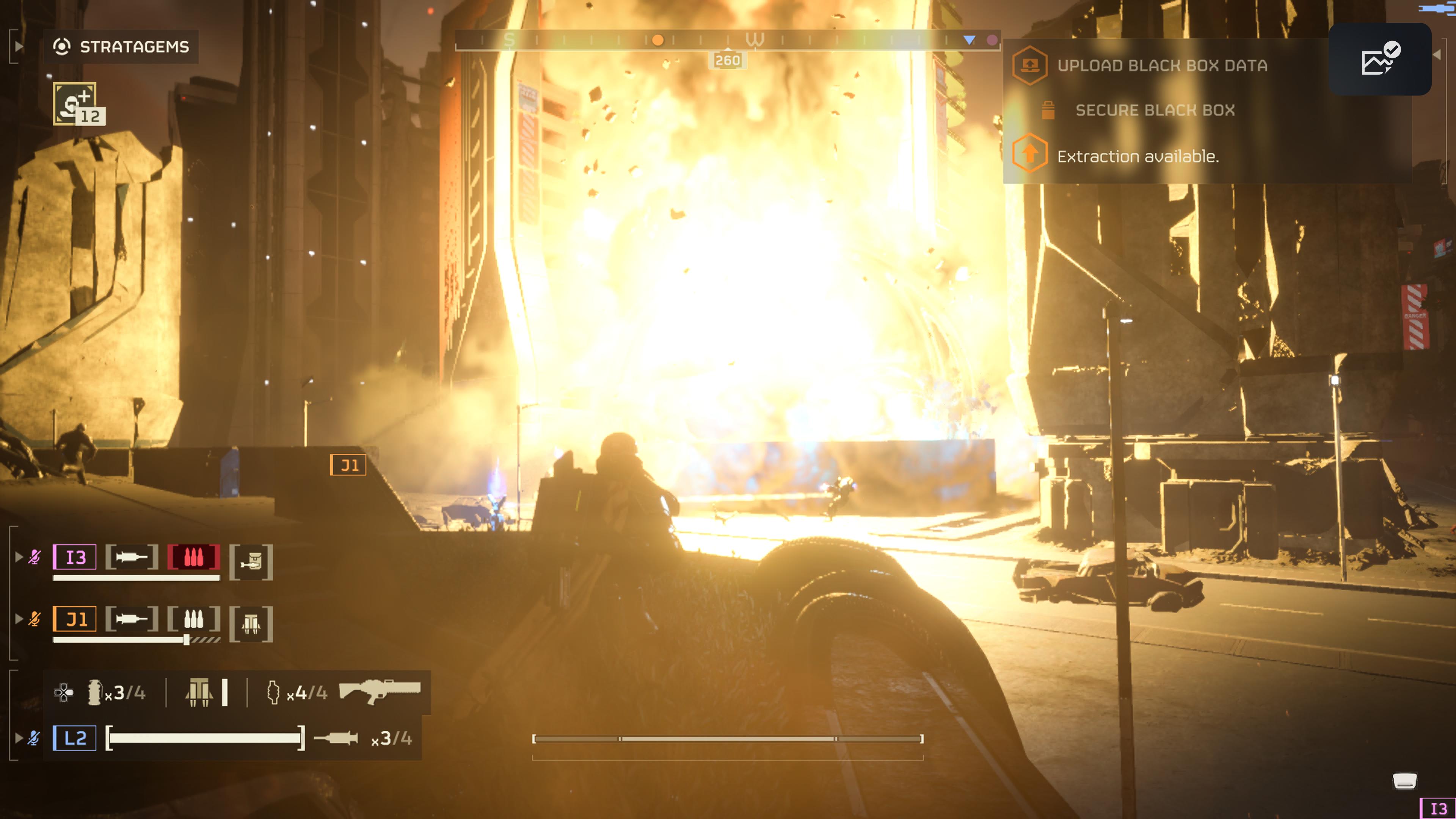 Helldivers fighting in an alien-occupied Super Earth city in Helldivers 2, with the player silhouetted against a huge explosion