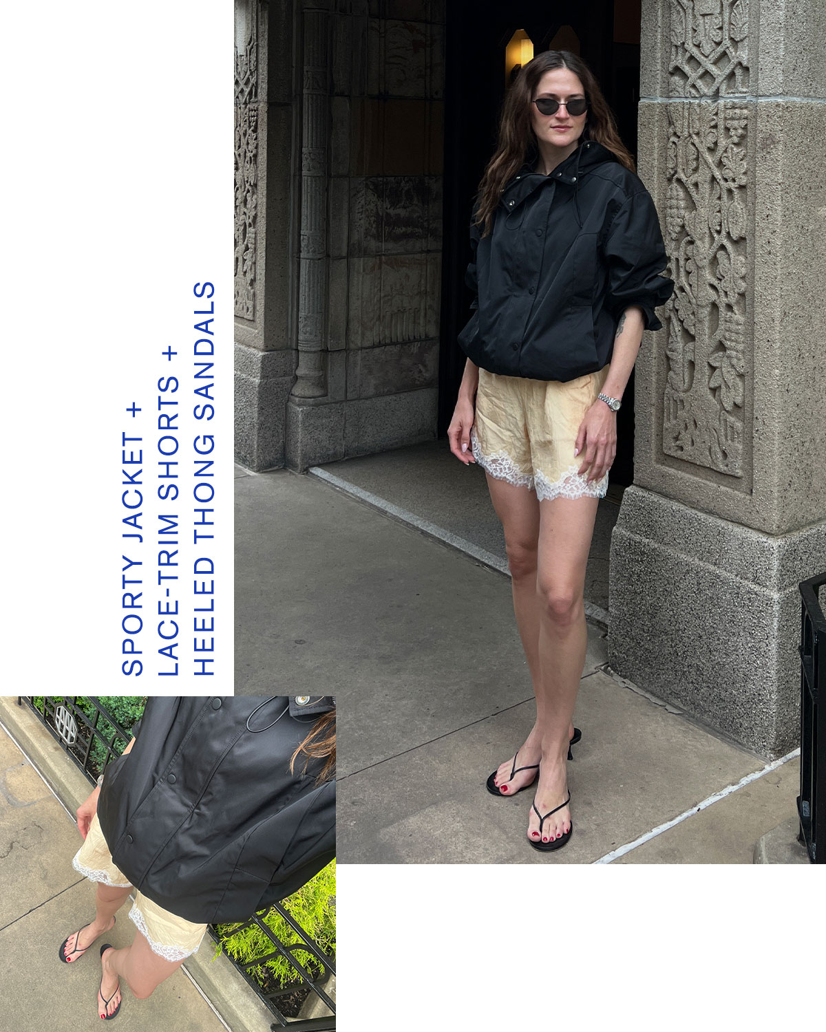 Eliza Huber wearing a black sporty jacket with lace-trim J.Crew shorts.