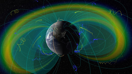 An illustration shows magnetic fields seen in cyan trapping electrons that can be freed by lightning