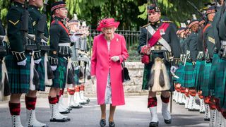 Queen Elizabeth II during an inspection of the Balaklava Company, 5 Battalion The Royal Regiment of Scotland at the gates at Balmoral