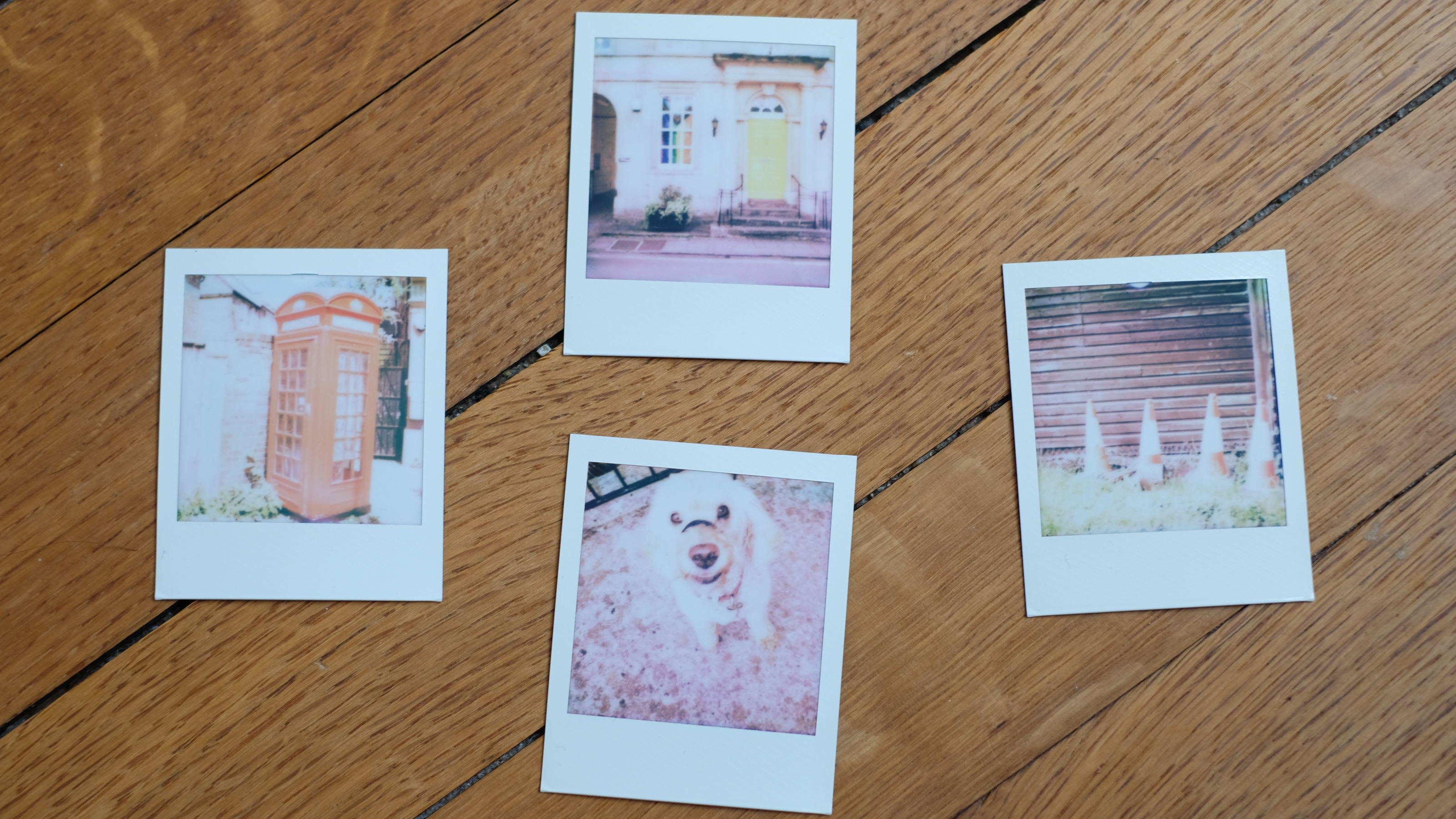 Photograph of prints made with Polaroid Go Gen 3 showing four images: a red phone box, a yellow door next to a Pride flag, a set of four traffic cones and a dog looking up at the camera.