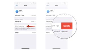 Clearing Safari caches showing the steps to Swipe to the left on Offline reading list, tap Delete