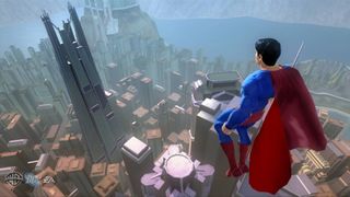 Superman flies up above Metropolis in the Superman Returns game
