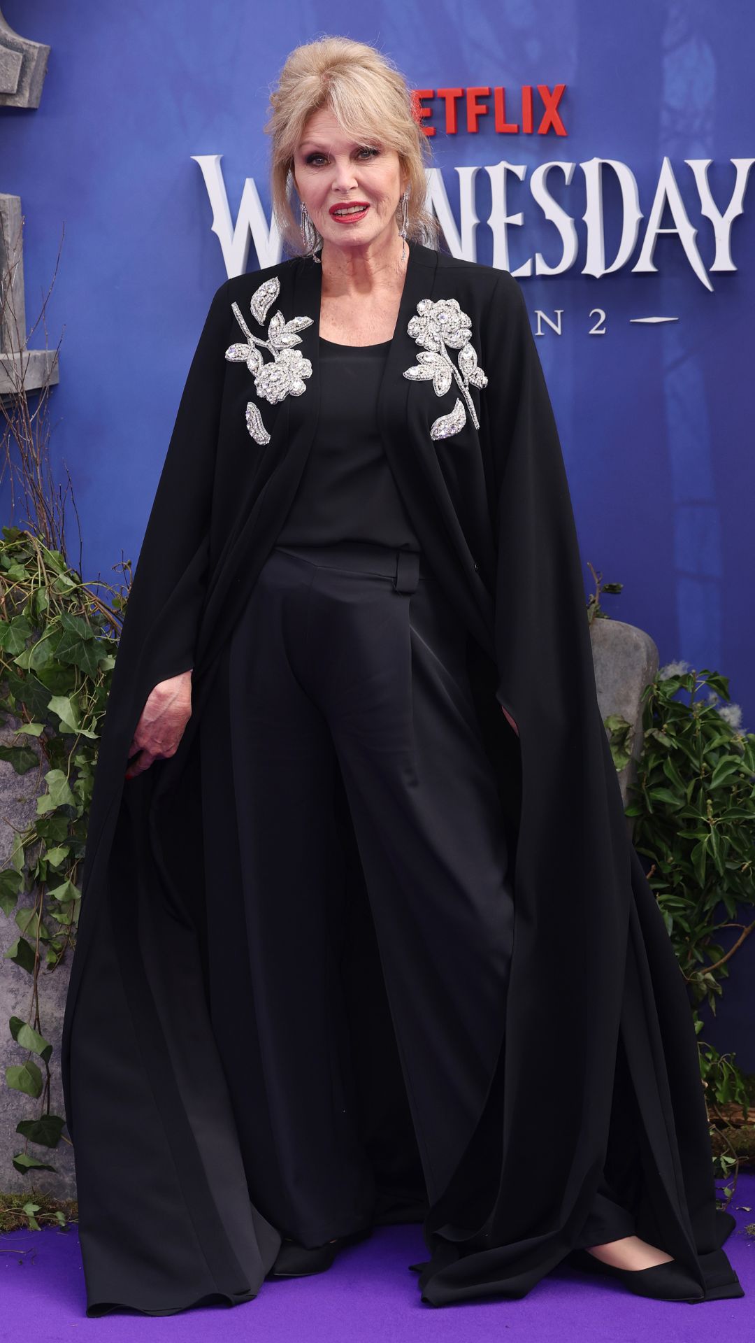 joanna lumley wearing an all black outfit on the red carpet