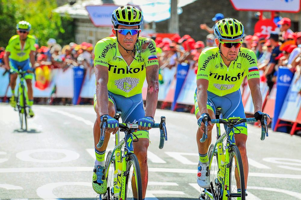 Alberto Conatdor crosses the finish line after crashing in the final kilometre of stage 7 at the Vuelta