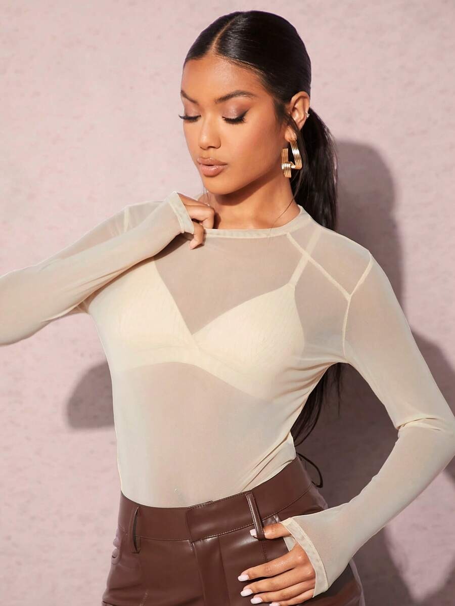 Solid Sheer Mesh Top Without Bra