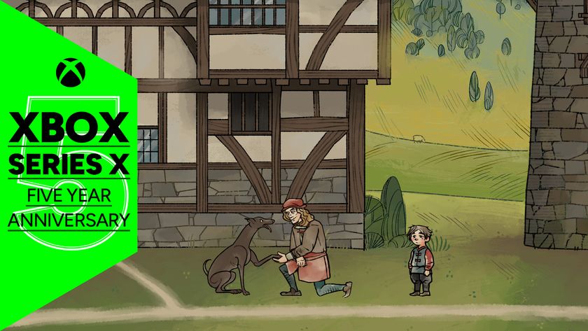 A man shaking a dog&#039;s paw while a child stands behind him in Pentiment, with an Xbox Series X Five Year Anniversary banner to the left