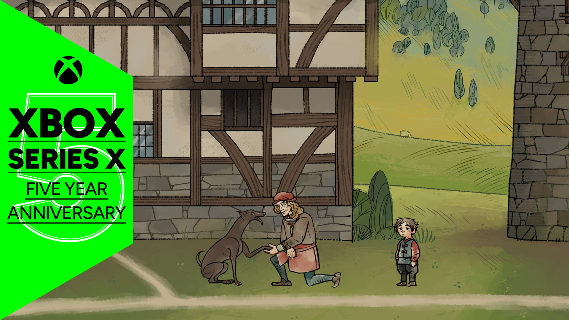 A man shaking a dog&#039;s paw while a child stands behind him in Pentiment, with an Xbox Series X Five Year Anniversary banner to the left