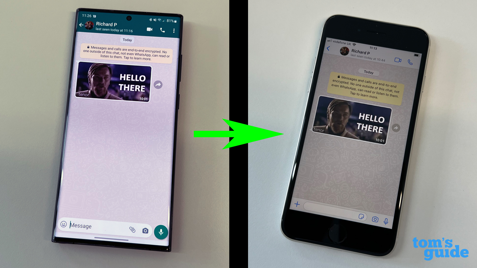 A split image showing the same WhatsApp chat with an Obi-Wan Kenobi GIF on a Samsung Galaxy S22 Ultra and an iPhone SE 2022