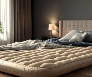 Pillows and sheets on an air mattress against a gray bedroom wall.