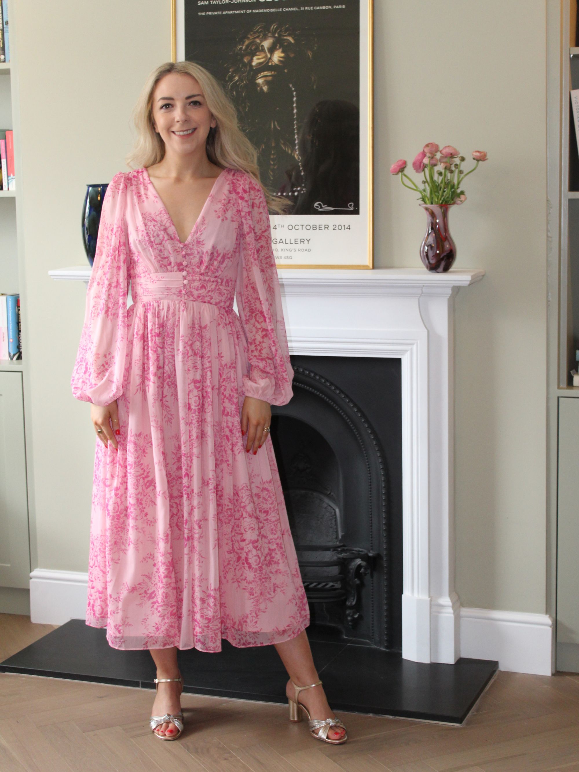 Caroline Parr wearing pink Nobody's Child dress