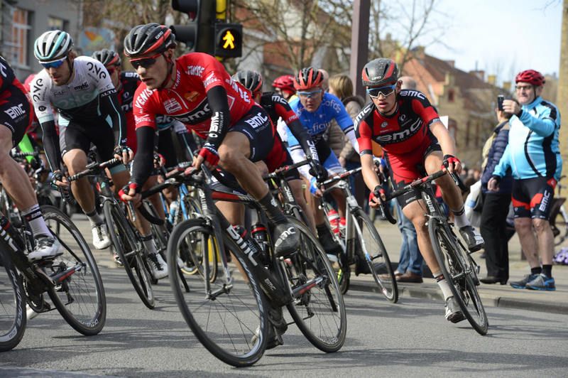 BMC's Loic Vliegen in the red jersey